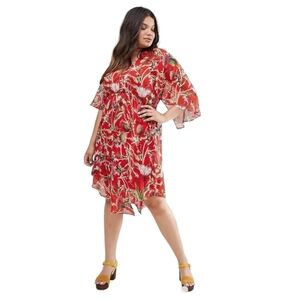 Boohoo Red Floral Print Handkerchief Hem‎ Chiffon Dress Size 14